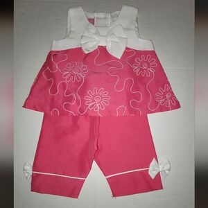 Ellemenno pink 2 pc outfit bows embroidery floral buttons pink white shorts tops